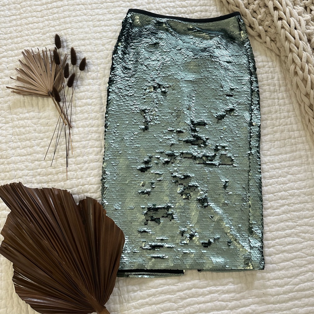 NEW! Women’s Mango Sequin Mermaid Green Pencil Skirt Sz 4